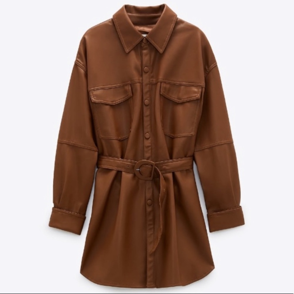 ZARA BROWN CAMEL LEATHER BELT SHIRT MINI DRESS TAN